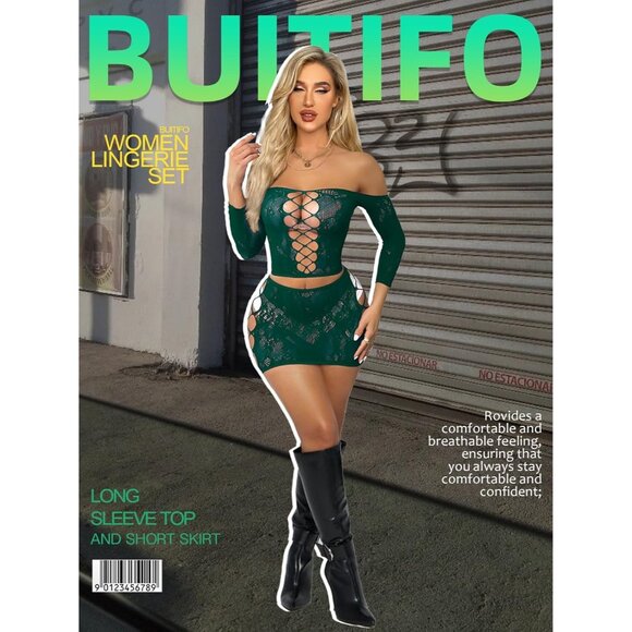 Green Women’s Sexy Fishnet Lingerie Set Babydoll Bodysuit Nightwear Outfit - Picture 4 of 6